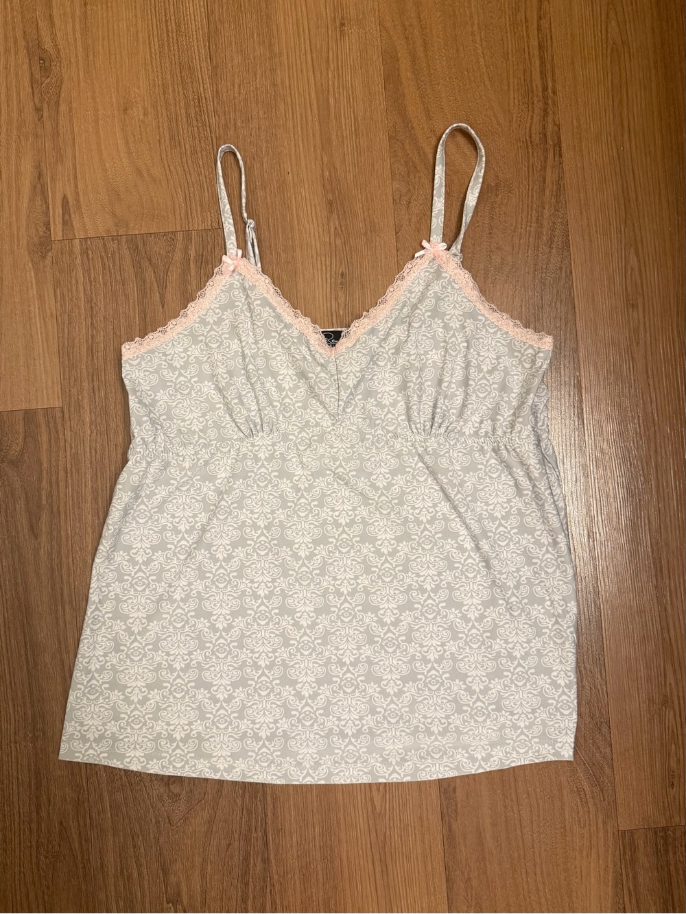 Rene Rofe Sleepwear Cami in Grey and White with Pink Lace